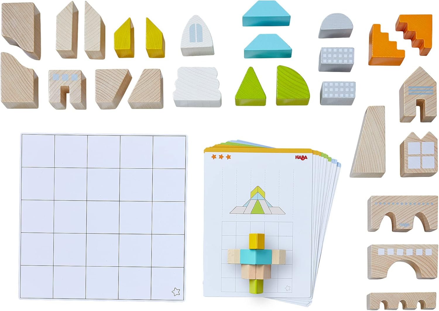 HABA Wooden Building Blocks STEM Toy 26 Building Blocks & 16 Challenge Cards